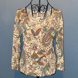 Christopher & Banks Cream Paisley Long Sleeve Scoop Neck Top